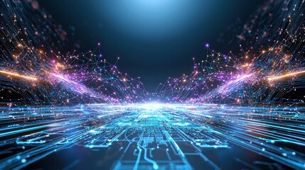 Fototapeta premium Futuristic digital network technology concept featu glowing interconnected lines and vibrant data points in a high-tech cyber environment with a glowing blue arc