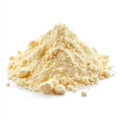 High-resolution close-up of a yellowish granular powder with small clumps in pyramid shape on smooth white reflective surface under bright diffused light emphasizing purity, texture