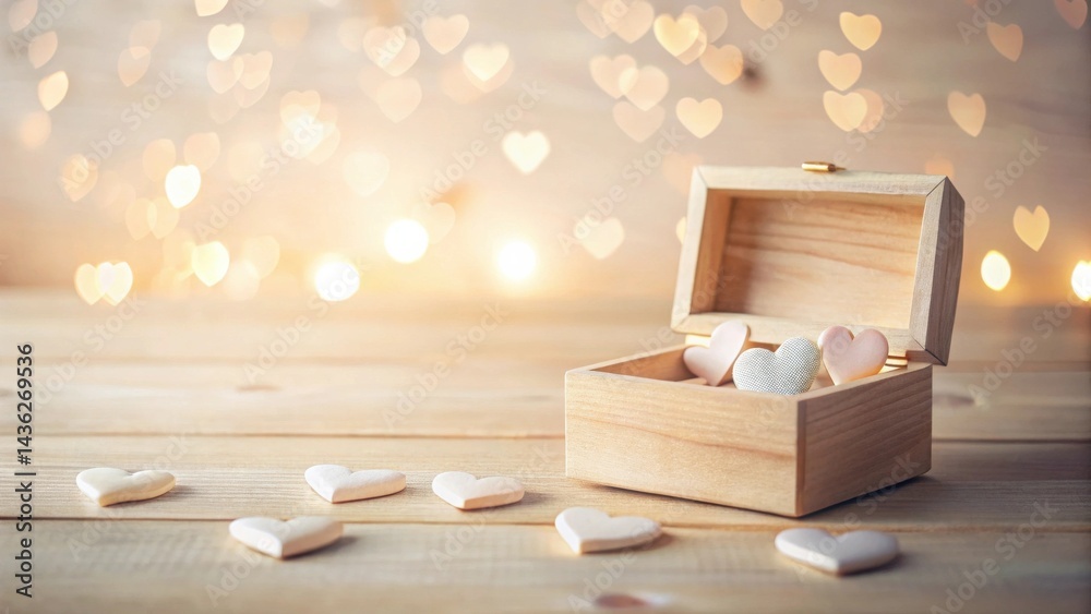 Poster wooden treasure chest filled with small decorative hearts on a table with a soft bokeh background of