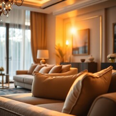 Fototapeta premium Warm Golden Living Room: Luxurious Couches and Soft Lighting