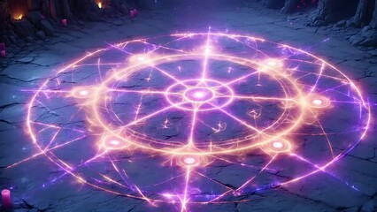 Animated mystical, ritual, magical circle glowing with purple neon light on the ancient stone floor of the cave. - Powered by Adobe