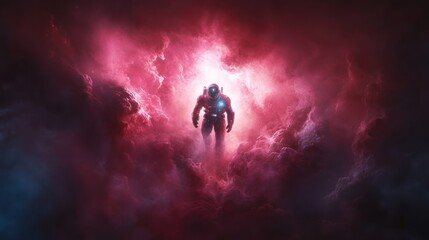 Astronaut in vibrant cosmic clouds