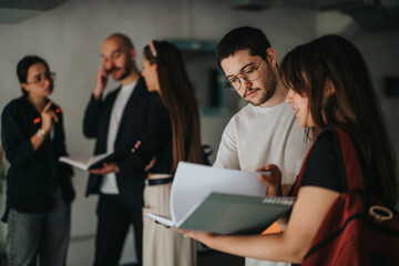 A group of students are engaged in a discussion with their professor in a university hallway, examining notes and exchanging ideas in an academic setting.