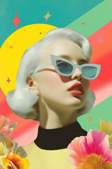 colorful retro collage of stylish silver haired woman wearing blue cat eye sunglasses with flower elements and vibrant colorful background