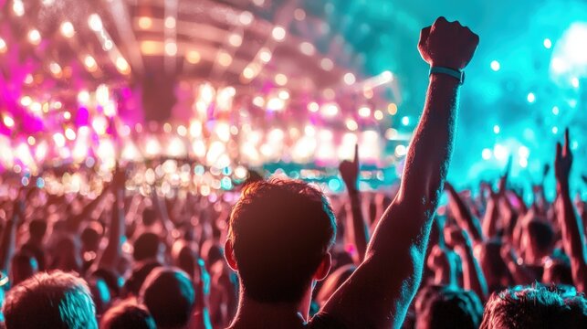 Enthusiastic concert attendee raising fist in the air du lively music festival with colorful stage lighting and a large crowd enjoying energetic performance