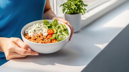 Person holding a bowl of fresh healthy salad with vegetables and grains in a bright modern kitchen with natural light and indoor plant