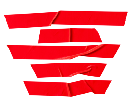 Top view set of red cloth tape or adhesive vinyl tape in stripes isolated with clipping path in png file format