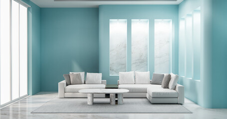 Mint Living room with sofa and table on carpet minimalist design modern wooden style.3D rendering