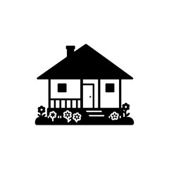 Cottage with Front Porch and Flowers Black Icon