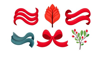 Fototapeta premium Red and green ribbons, bows, leaves and berries