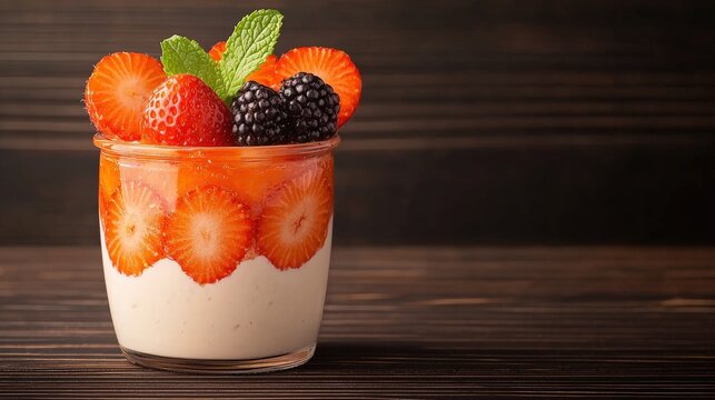 Fresh mixed berry yogurt parfait served in glass with strawberries blackberries and mint on dark wooden background - Powered by Adobe