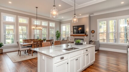 Fototapeta premium Bright Modern Kitchen Interior with Granite Island