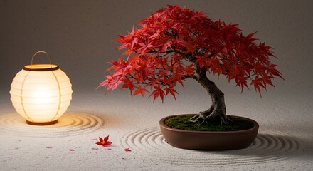 Naklejka premium Bonsai Tree and Lantern in Zen Garden