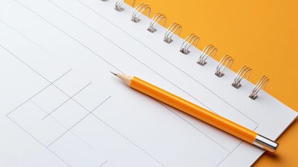Blank Notebook with Spiral Binding and Yellow Pencil on Orange Surface