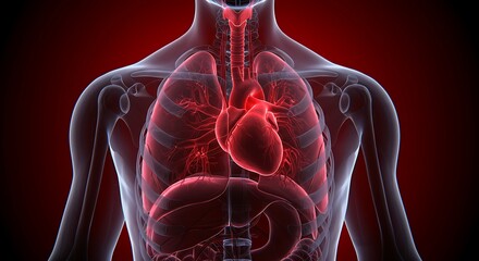 Detailed 3D rendering of the human torso, emphasizing the heart and lungs