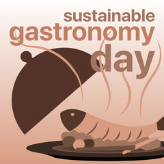 Sustainable Gastronomy Day vector art. Hot meal plate and open cloche, symbolizing eco-friendly and mindful dining. Food festival. Sustainable food.