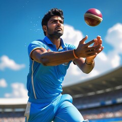 A dynamic and energetic image of a cricket player in action, capturing the moment when they are about to catch a ball mid-air, with their arms outstretched and hands clasped together, showcasing their