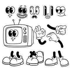Vector Illustration of a Set of Icons. Groovy Retro Cartoon Character Old TV Elements - Faces, Hands, Body, and Feet