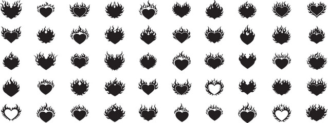 flames and fire, acid neo tribal shapes, y2k elements and abstract illustrations in gothic style, heart and love symbols