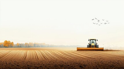 Fototapeta premium Farmers plowing fields, birds flying overhead, dawn light over countryside, watercolor style