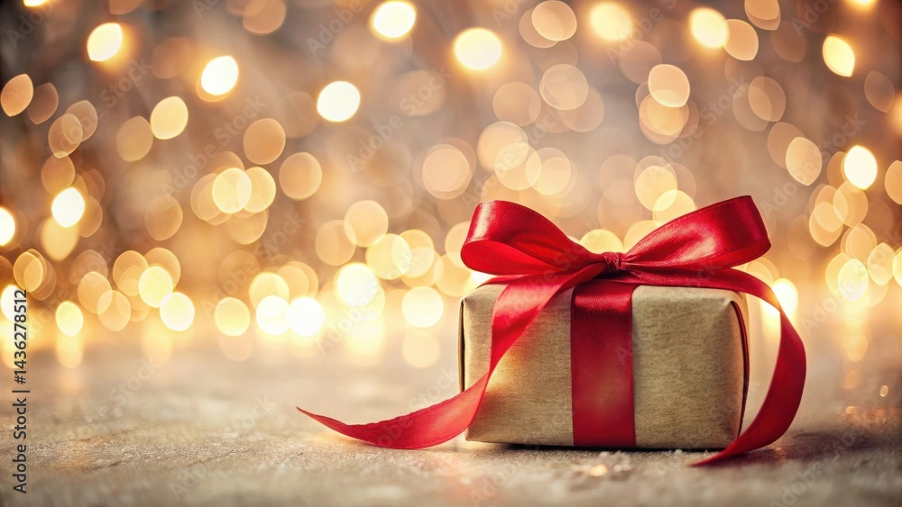 Poster a single wrapped gift with a bright red ribbon sits on a textured surface against a backdrop of warm