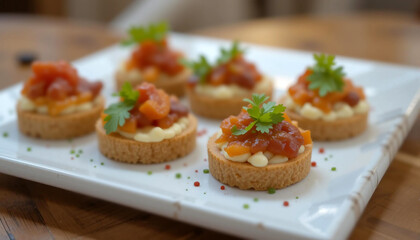 Delicious Savory Snacks Served on a White Plate, Featuring a Variety of Toppings and Garnishes Highlighted by Fresh Herbs