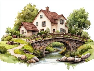 Obraz premium Stone bridges over countryside streams, small farms along the river, peaceful rural life, watercolor style