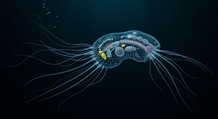 Bioluminescent Jellyfish Floating Gracefully in the Deep Ocean Waters Depicted with Colorful Internal Anatomy