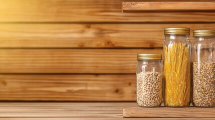 Jars of Grains and Pasta on Wooden Shelf for Kitchen Organization