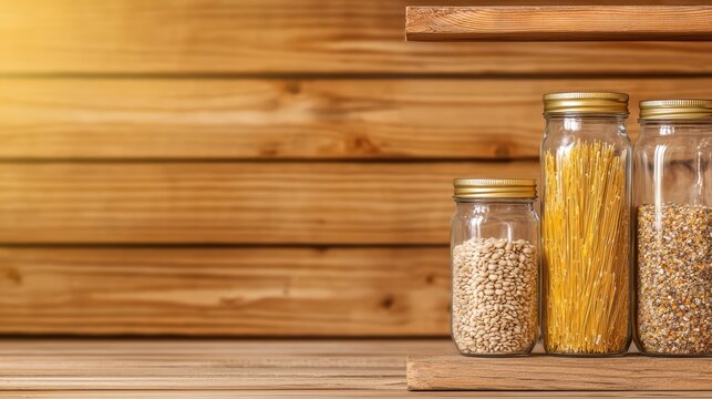 Jars of Grains and Pasta on Wooden Shelf for Kitchen Organization