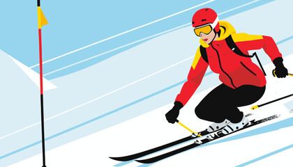 Obraz premium Woman_Skiing_Downhill_Art_Illustration_Winter_Sports_Scene_Red_Jacket_Black_Pants_Yellow_Flag_Snowy_Mountains_Ski_Resort_Adventure_175