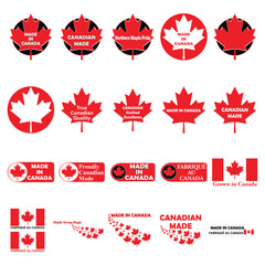 Set of price tag labels for Canadian made products. Phrases, Made in Canada translation from French, Canadian made, Northern Maple Pride, Canadian Crafted Excellence. Vector.