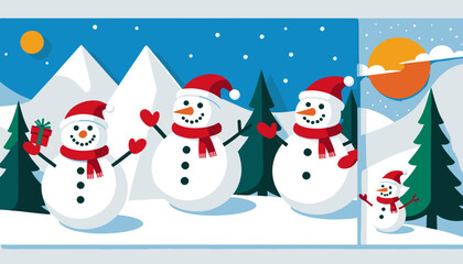 Cartoon_Snowmen_in_Winter_Scene_Festive_Holiday_Illustration_Cheerful_Christmas_Snow_Mountains_and_Trees_Ideal_for_Greeting_Cards_and_Seasonal_Designs