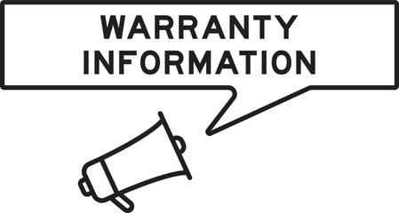 Megaphone icon with speech bubble in word warranty information on white background