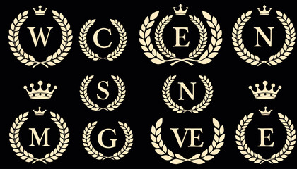 Elegant Laurel Wreaths and Crowns_Vintage Alphabet Initials W_C_E_N_S_G_VE_M_Heraldic Crests_Monogram Design Elements_Luxury Brand Logos and Decorative Emblems