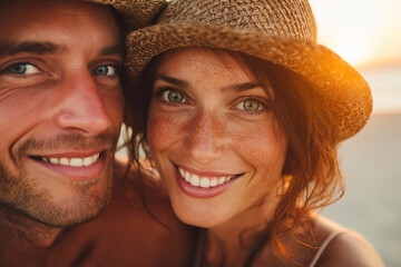 Happy Smiling Couple with Freckles Wearing Straw Hats at Sunset