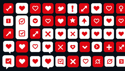 Red and White Icon Set_Abstract Symbols_Hearts_Arrows_Checkmarks_Crosses_Ui Design Elements_Vector Graphics_Love_Sign_Web Icons_Social Media_Modern Art