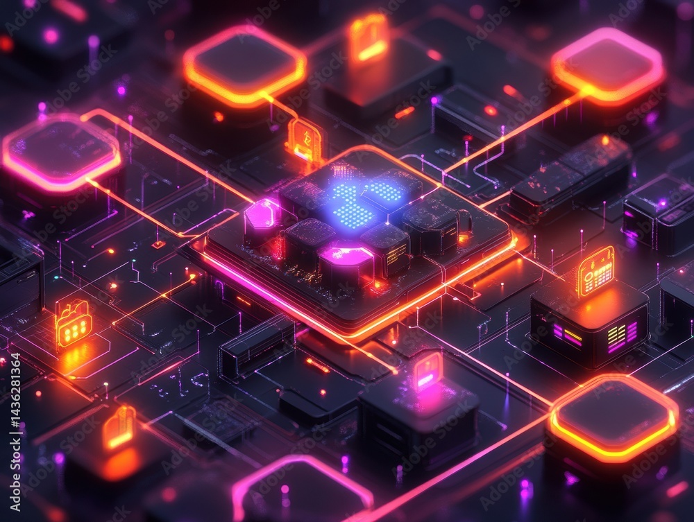 Poster Neon-lit Microchip with Circuitry and Transistors