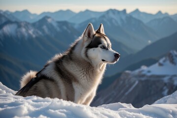 Fototapeta premium A majestic Siberian Husky sitting on a snowy mountain peak, basking in the sunlight with a breathtaking mountain range in the background