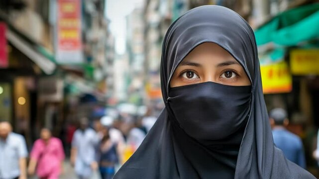 Close-up portrait of a woman wearing a black niqab walking in a busy street, eye-level shot, crowds of people blurred in the background