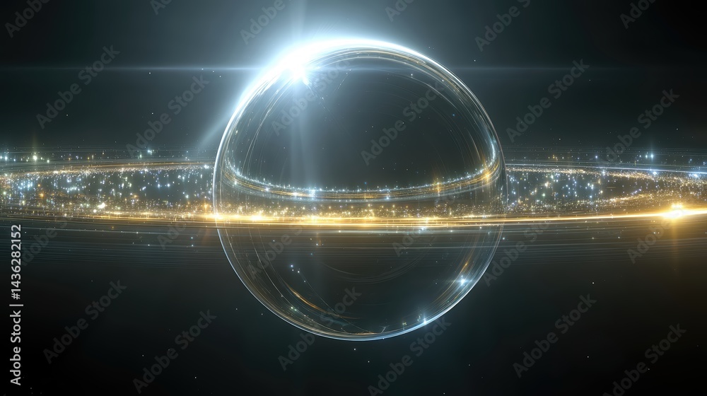 Poster exploring the majesty of a dyson sphere orbiting the sun in a surreal cosmic landscape