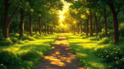 Fototapeta premium Pathway to Serenity: A sun-dappled pathway winds through a vibrant, lush forest, inviting exploration and offering a sense of tranquility and peace. Capturing nature's embrace.