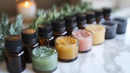 Colorful Sugar Scrubs and Essential Oils on Marble