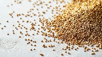 A close-up of quinoa seeds scattered on a white surface