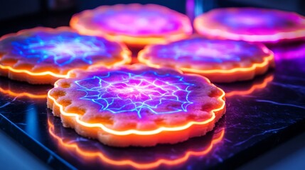 Fototapeta premium Glowing Cookies with Neon Patterns on Dark Surface