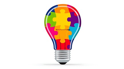 A lightbulb formed of colorful puzzle pieces, representing creative solutions and teamwork