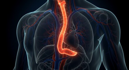 Anatomical visualization focusing on the highlighted esophagus structure within