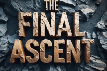 Bold, 3D text depicting the phrase 'The Final Ascent' on a textured rock background, emphasizing strength and determination