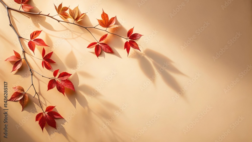 Aufkleber autumnal branch with vivid red leaves casting shadows on a warm background