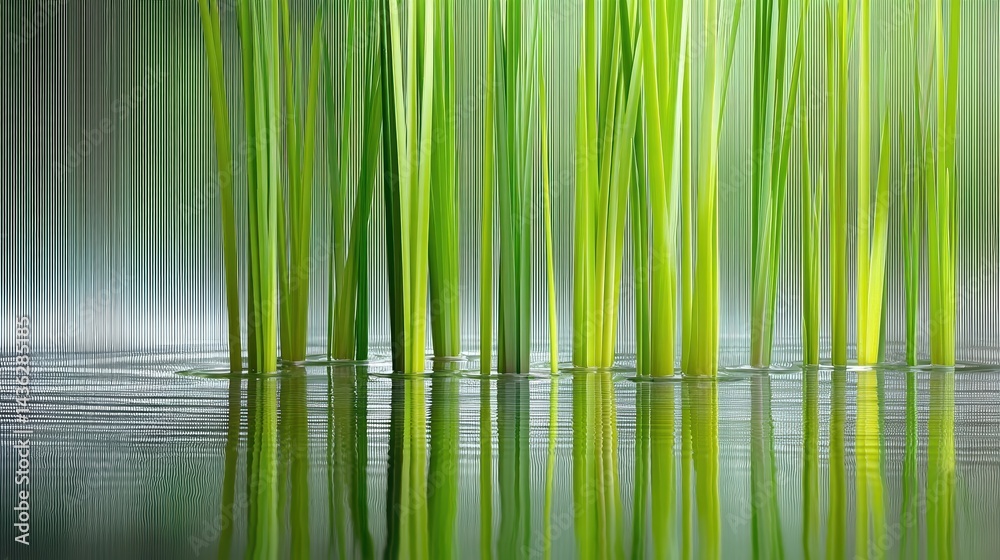 Poster vibrant green stems create a serene reflection behind clear glass in a tranquil setting